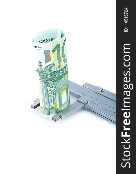 Measuring euro banknotes with  calipers,isolated on white.