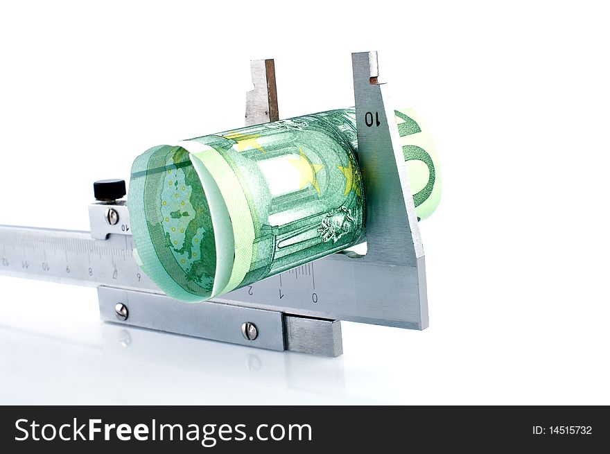 Measuring euro banknotes with  calipers,isolated on white.