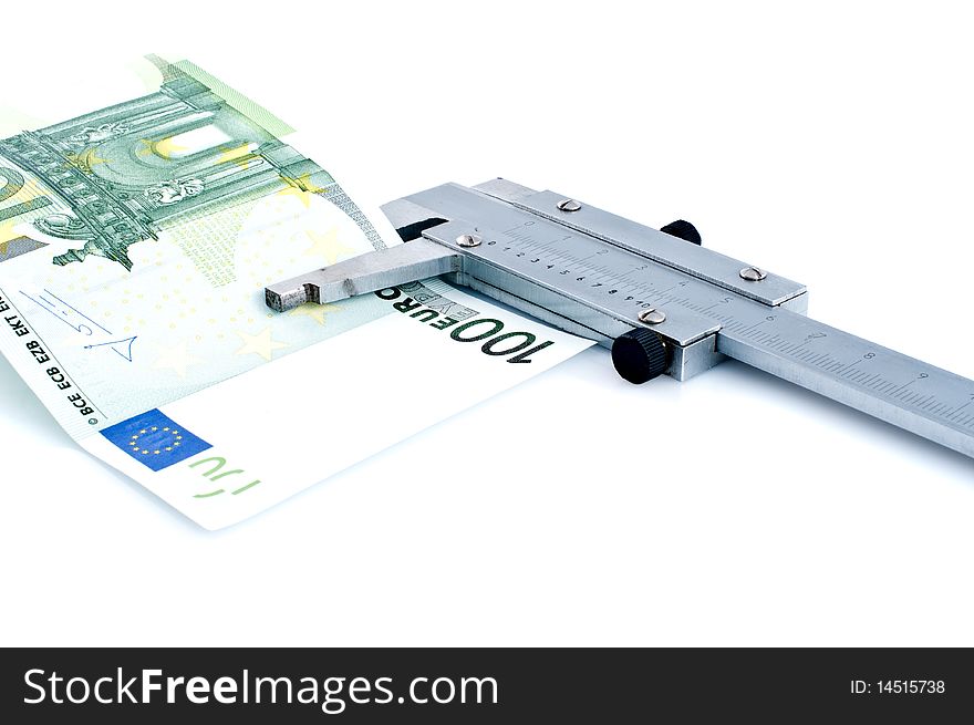 Measuring euro banknotes with calipers,isolated on white. Measuring euro banknotes with calipers,isolated on white.