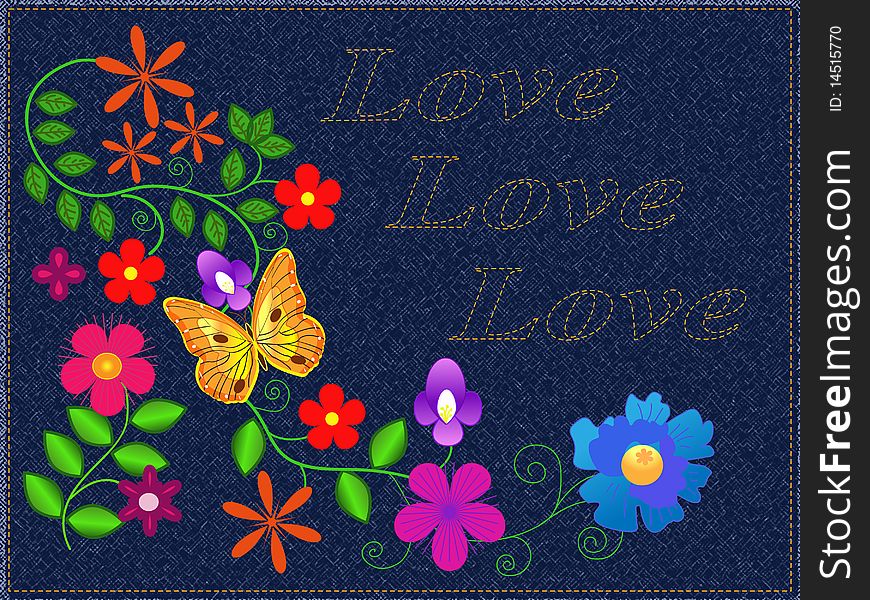 Embroidery of colors on a jeans fabric. Embroidery of colors on a jeans fabric