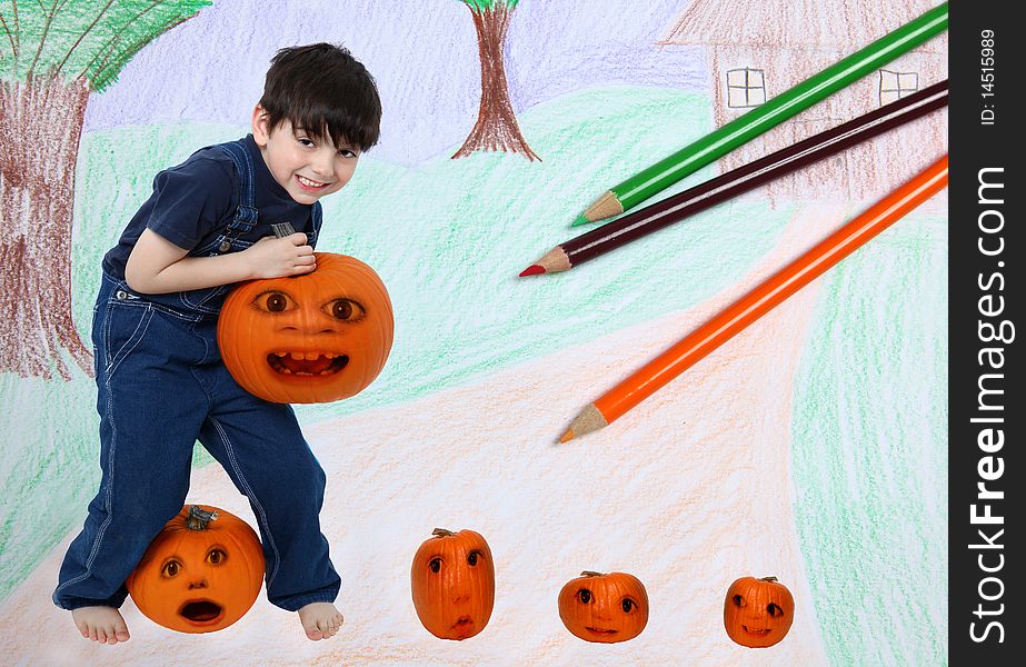 Six year old boy in an imaginary pumpkin patch.