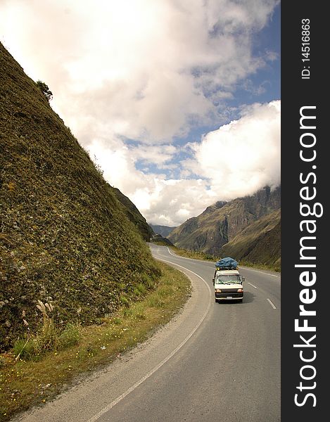 A van on the way to a trip driving in the mountains of Bolivia. A van on the way to a trip driving in the mountains of Bolivia.