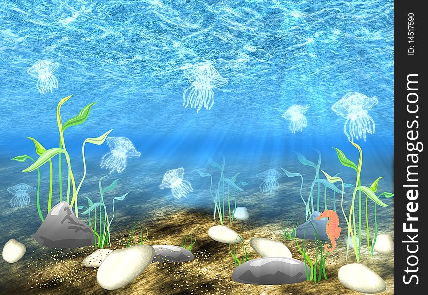 The underwater world with floating jellyfishes and the sea fad