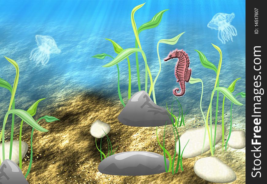 The underwater world with floating jellyfishes and the sea fad