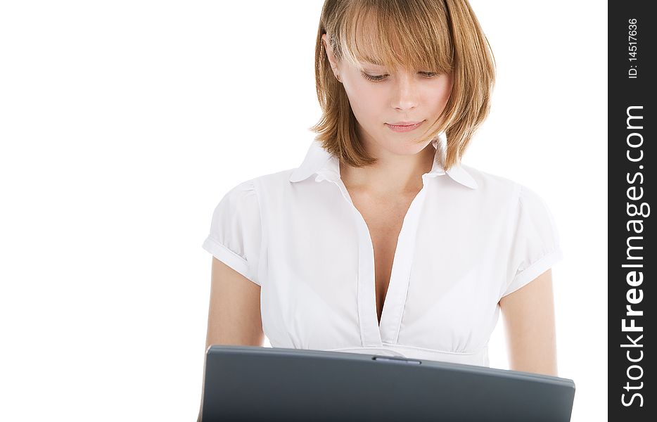 Attractive young woman with laptop on the white. Attractive young woman with laptop on the white