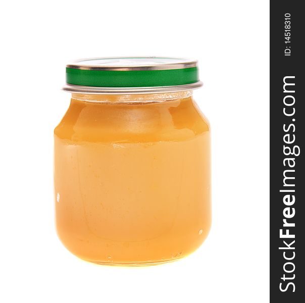 Jar with a children's food, on a white background it is isolated. Jar with a children's food, on a white background it is isolated.