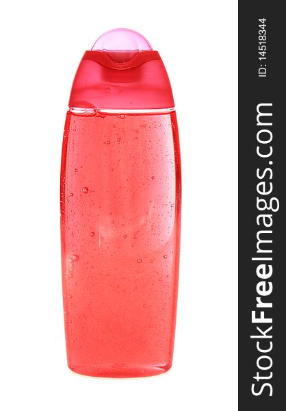 Red shower gel, on a white background, is isolated. Red shower gel, on a white background, is isolated.