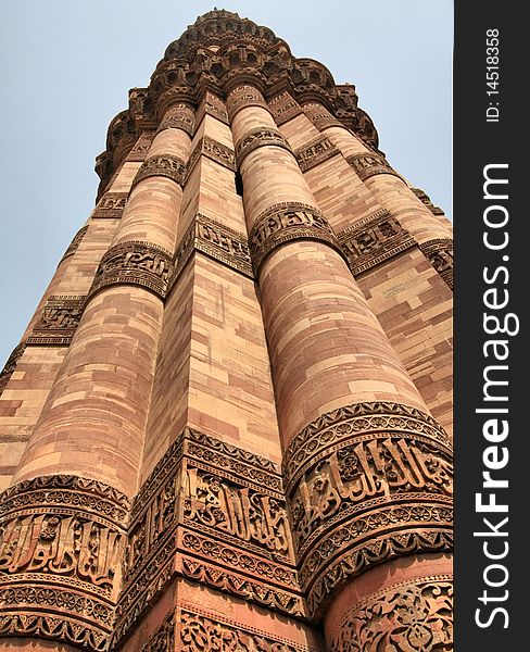 The Qutab Minar is the landmark of Delhi, India and at 72.5 meters is the world's tallest brick minaret. It was completed in 1386 by Firuz Shah Tughluq. The Qutab Minar is the landmark of Delhi, India and at 72.5 meters is the world's tallest brick minaret. It was completed in 1386 by Firuz Shah Tughluq.