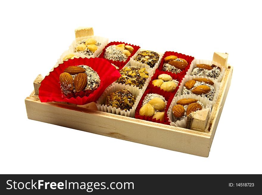 Set of sweets in wooden packing. Set of sweets in wooden packing
