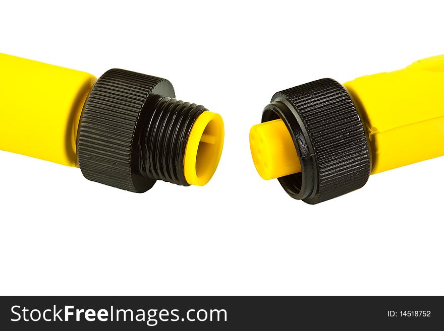 Yellow male plug and female jack on a white background. Yellow male plug and female jack on a white background