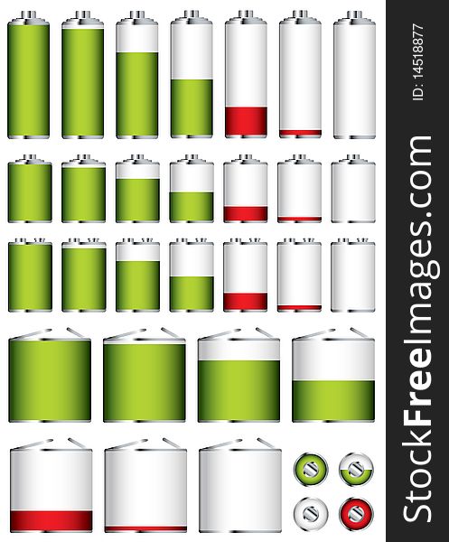 Collection of different battery sizes and shapes with charge levels. Collection of different battery sizes and shapes with charge levels