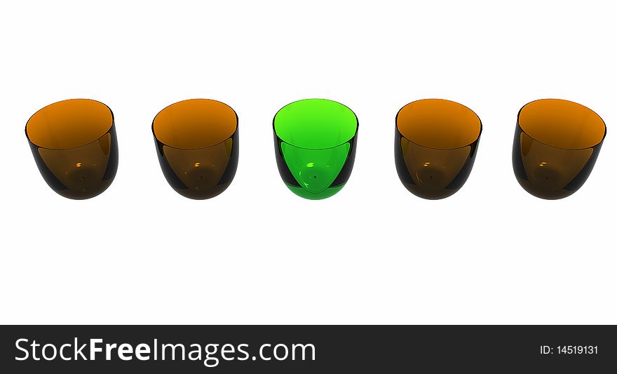 Five colored glasses, brown and green