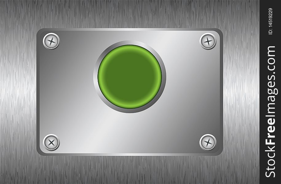 Silver metal background with green button and screw heads. Silver metal background with green button and screw heads