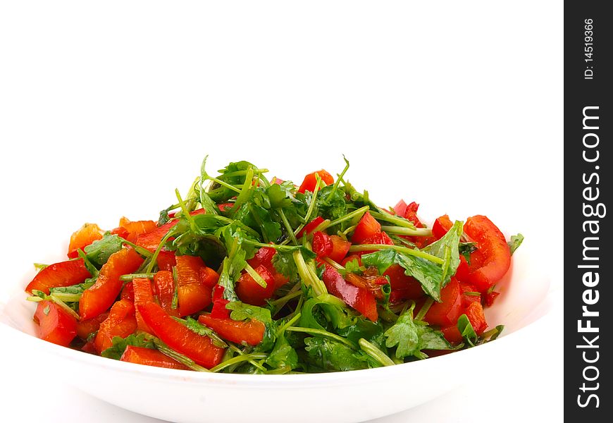 Fresh Coriander and sweet pepper salad. Close up