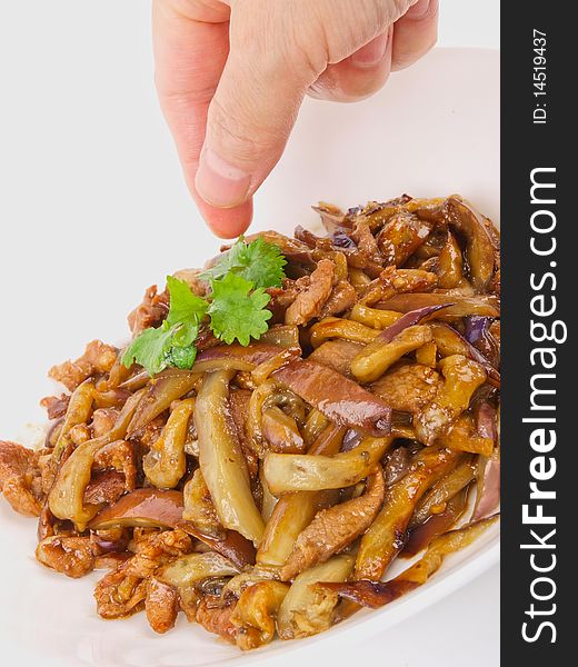 Chinese fried eggplant. Close up on white background