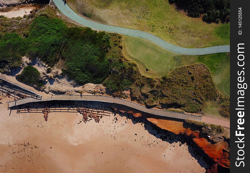 Top View Aerial Photo Of Wooden Pathways At Dee Why Beach