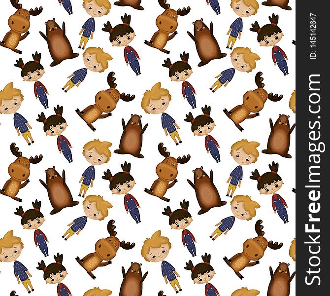 Pattern with boy and girl. pattern with children and animals