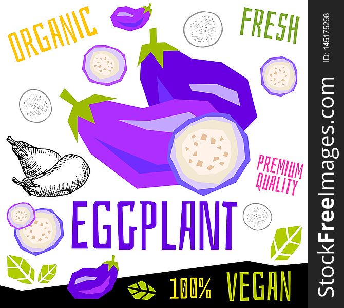 Eggplant icon label fresh organic vegetable, vegetables nuts herbs spice condiment color graphic design vegan food. Hand drawn vector illustrations. Eggplant icon label fresh organic vegetable, vegetables nuts herbs spice condiment color graphic design vegan food. Hand drawn vector illustrations.