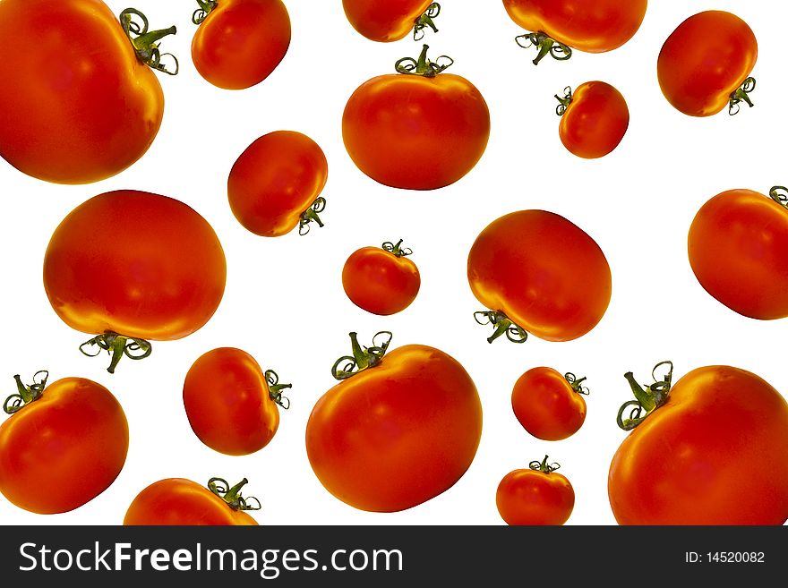 Ripe juicy tomatoes on a white background