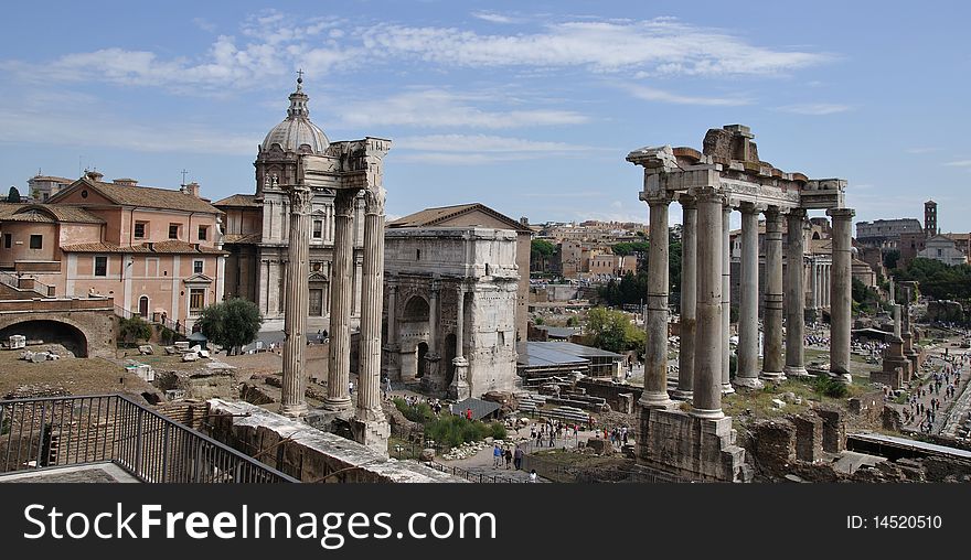 The Forum in Rome, Italy, showing the ruins of several temples. The Forum in Rome, Italy, showing the ruins of several temples