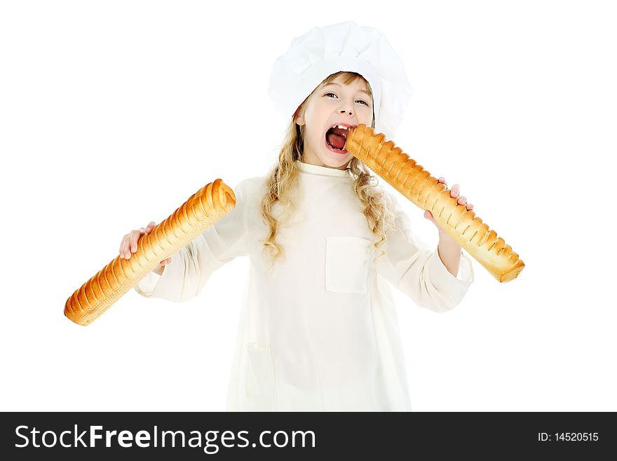 Shot of a little kitchen girl in a white uniform. Isolated over white background. Shot of a little kitchen girl in a white uniform. Isolated over white background.