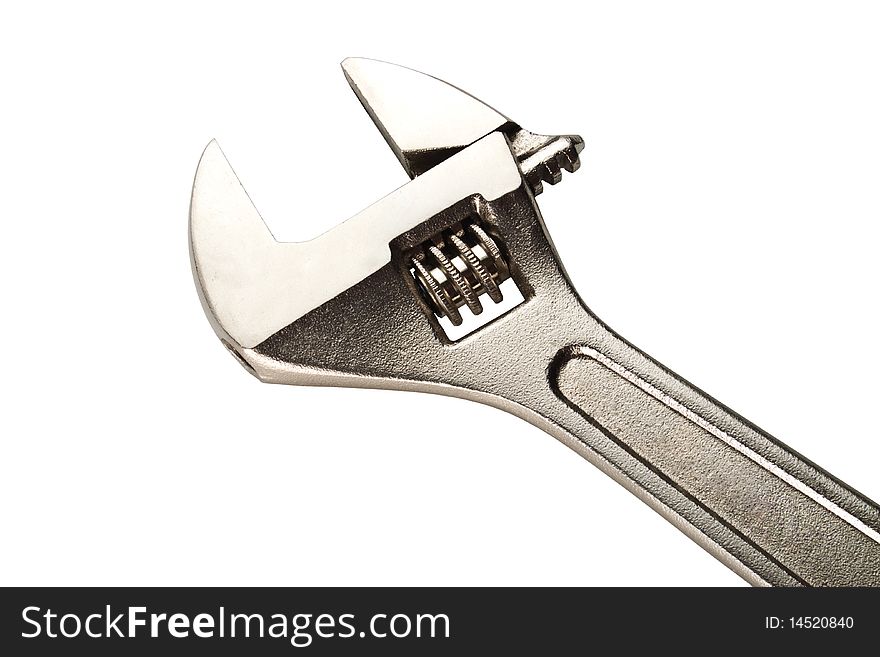 Closeup of a wrench isolated on white background.