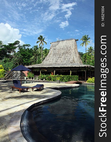 Swimming pool and thatched roof bar in tropical hotel. Swimming pool and thatched roof bar in tropical hotel