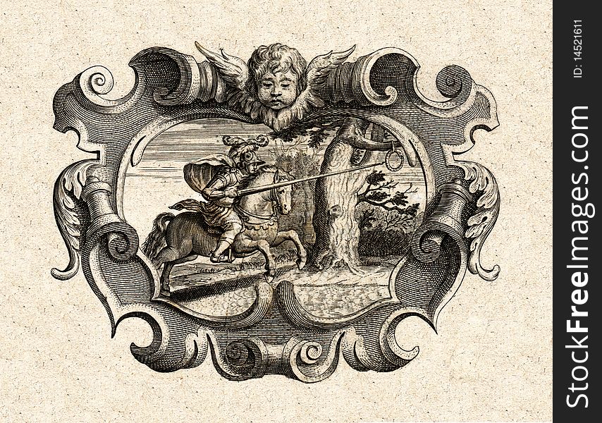 1685 Engraved Print of Jousting Knight Practicing inside a Barouqe Cartouche. 1685 Engraved Print of Jousting Knight Practicing inside a Barouqe Cartouche