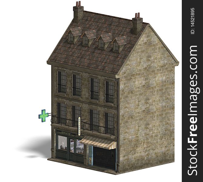 City Building Pharmacy. 3D rendering with clipping path and shadow over white