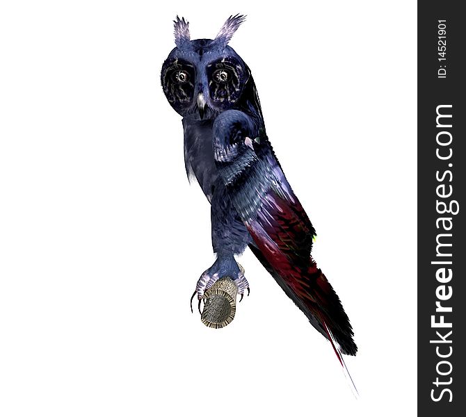 Fantasy owl in dark blue colors. 3D rendering with clipping path and shadow over white