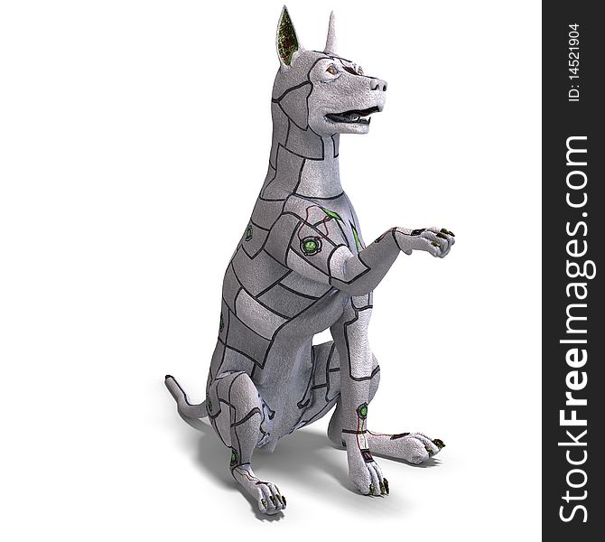 Electronical scifi dog of the future. 3D rendering with clipping path and shadow over white