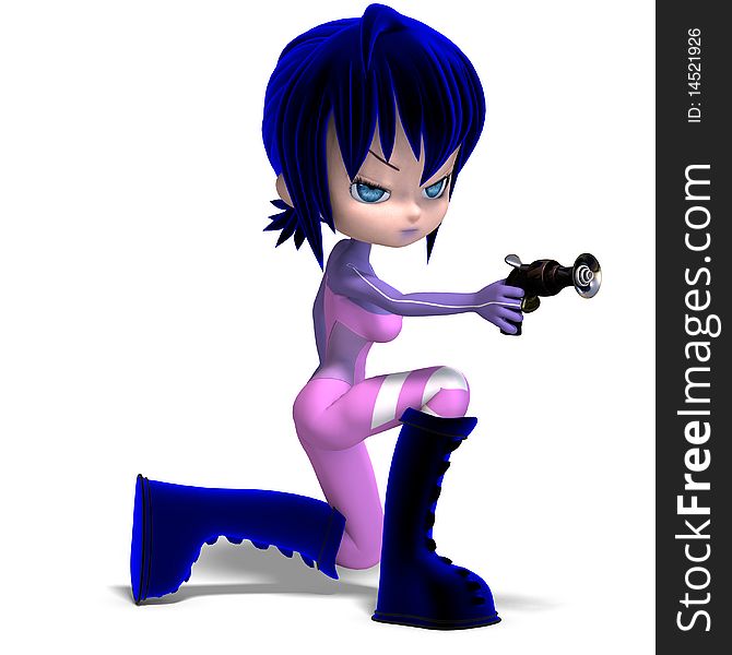 Cute cartoon astronaut with blue hair and boots. 3D rendering with clipping path and shadow over white