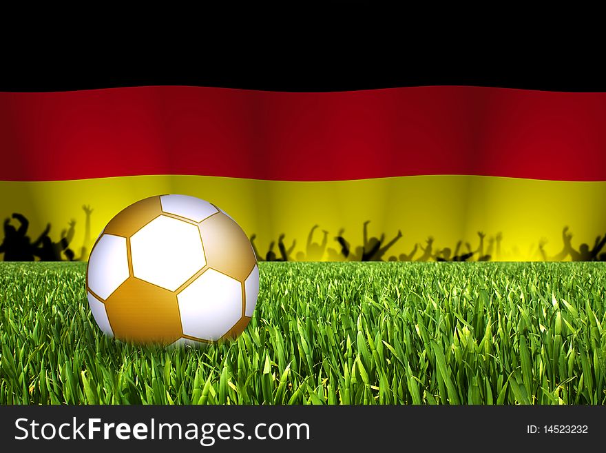 Golden football in grass field with german flag in background. Golden football in grass field with german flag in background