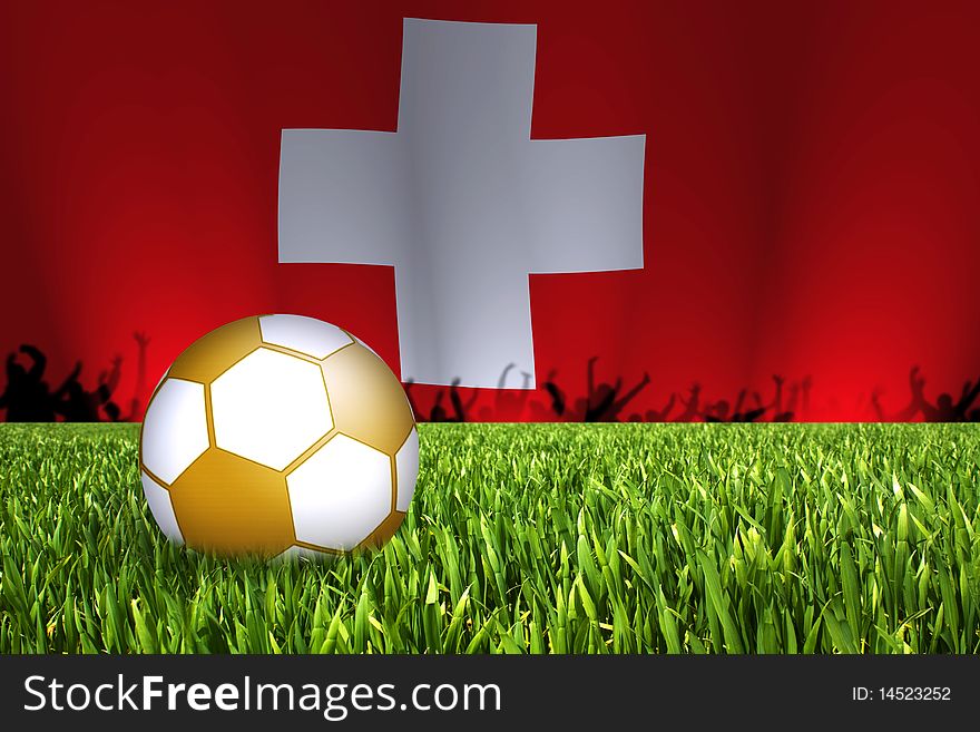 Golden football in grass field with swiss flag in background. Golden football in grass field with swiss flag in background