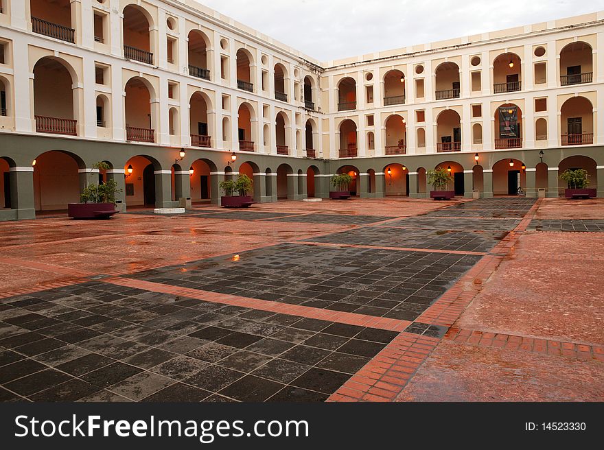 Rain soaked walkway in museum in Puerto Rico. Rain soaked walkway in museum in Puerto Rico