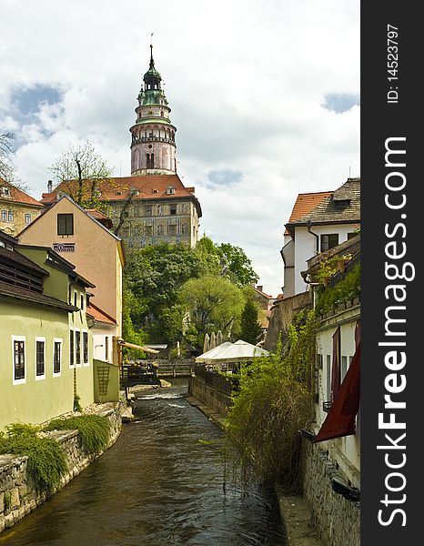 Narrow canal at Cesky Krumlov in Czech republic