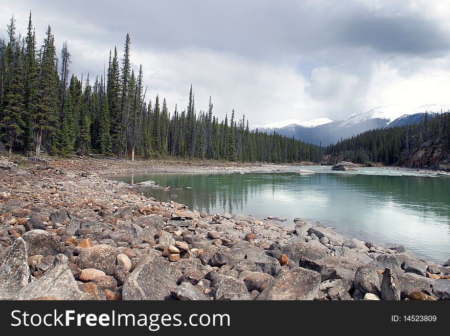 A view of the Athabasca River from Jasper National Park in Alberta,Canada.