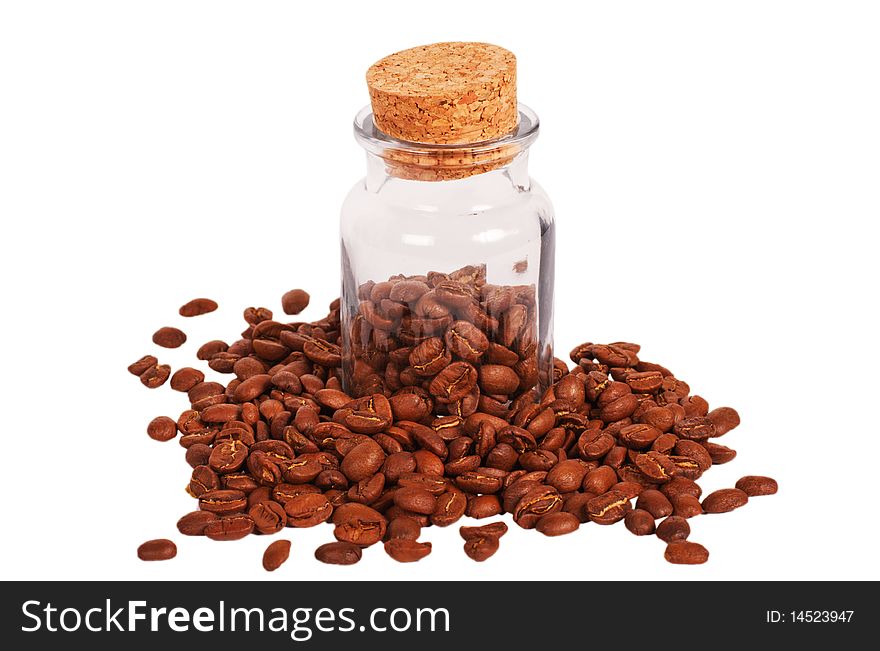 Glass can with coffee beans isolated on white