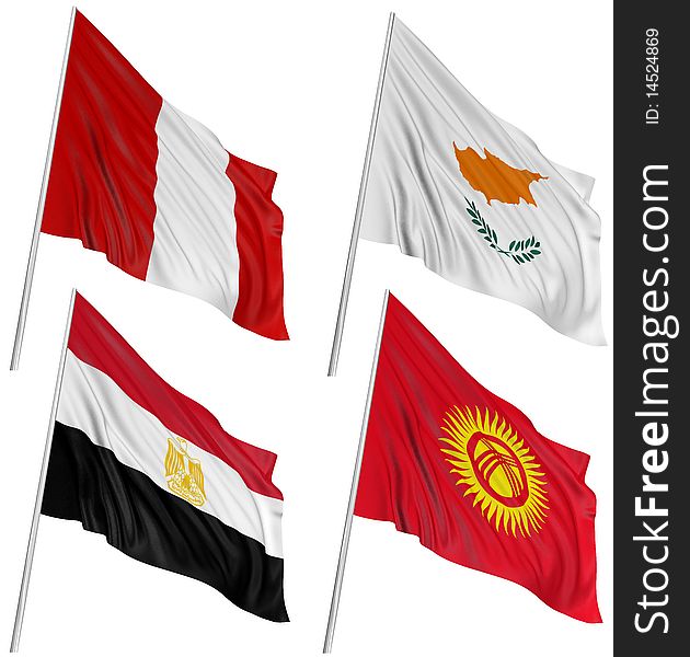 3D flags of world with fabric surface texture. White background.