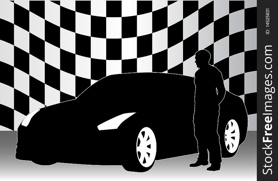 Drawing of a sports car and man. Drawing of a sports car and man