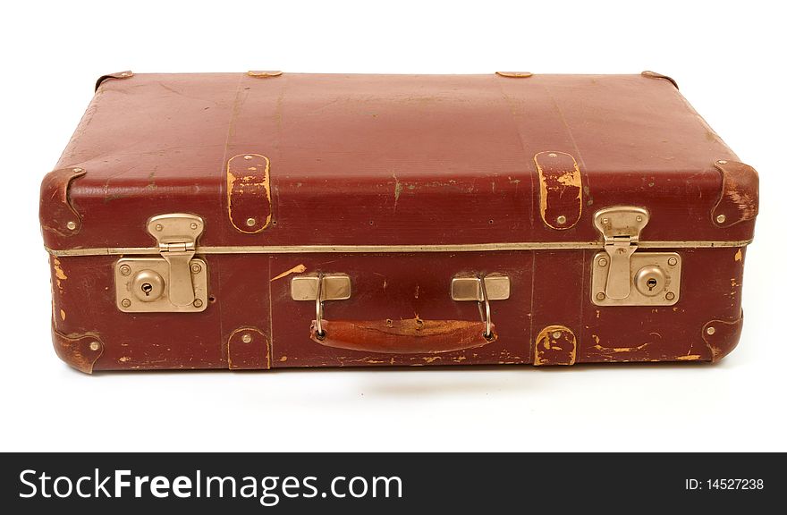 Old brown suitcase for travel white background