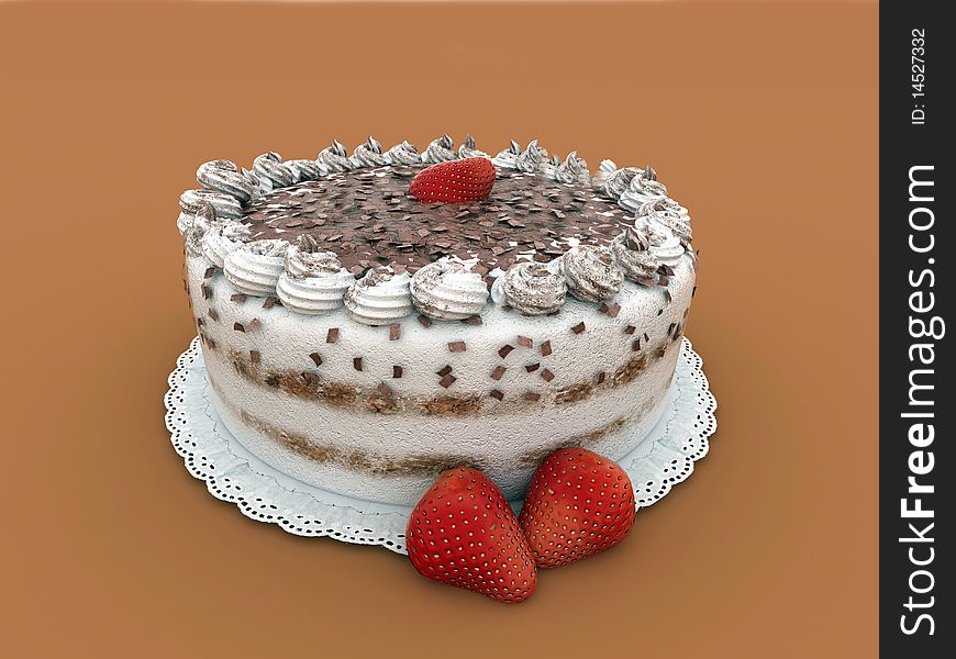 Rendering of Chocolate cake with strawberry. Rendering of Chocolate cake with strawberry