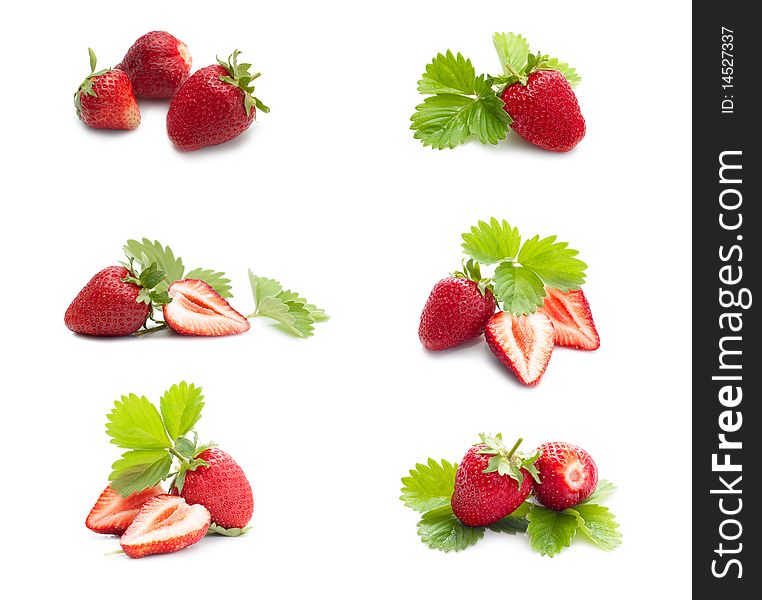 Six photoes of ripe strawberry with leaves on white background
