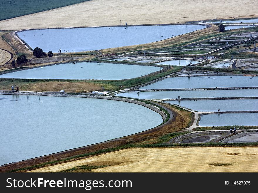 Aerial landscape with rural fields and fish pools