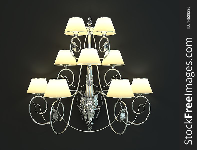 Lighted classic sconce on black wall. 3d render.
