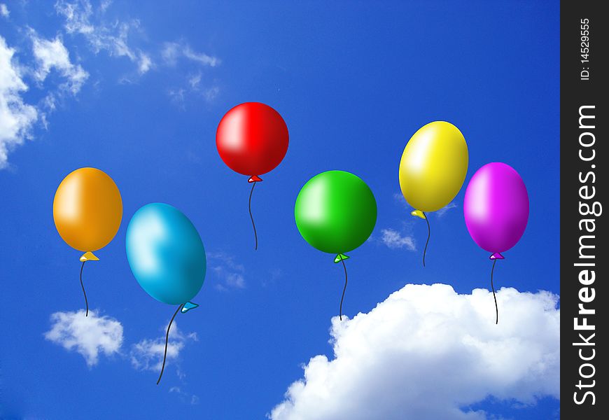 Multicoloured balloons fly  in the blue sky