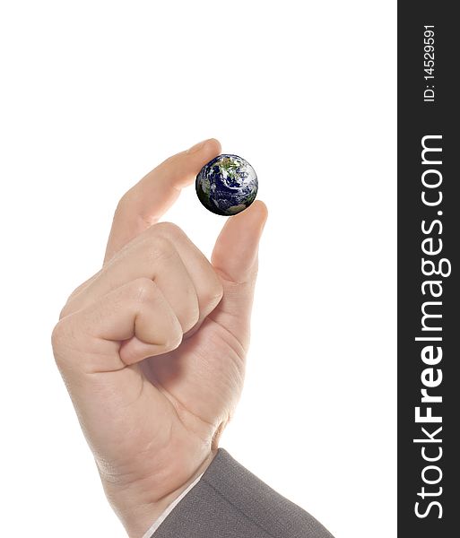 Earth in hands over white background