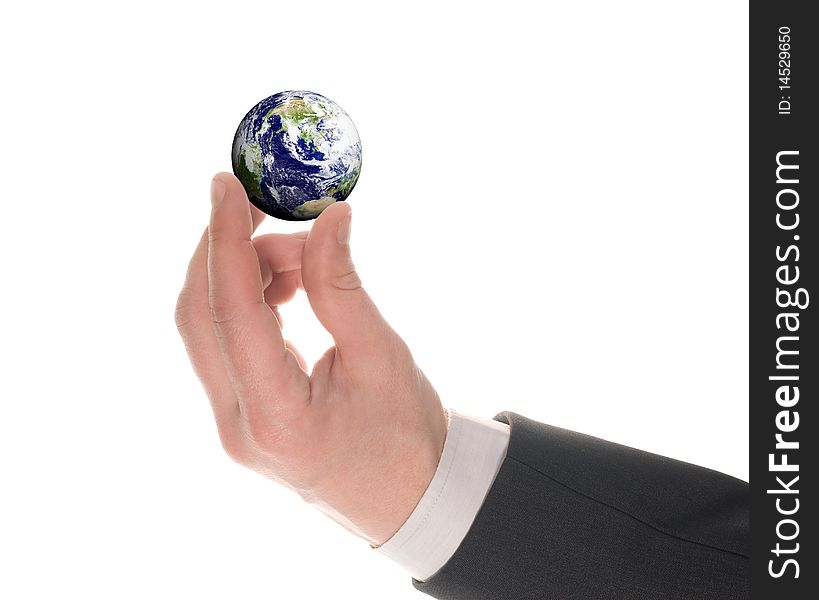 Earth in hands over white background