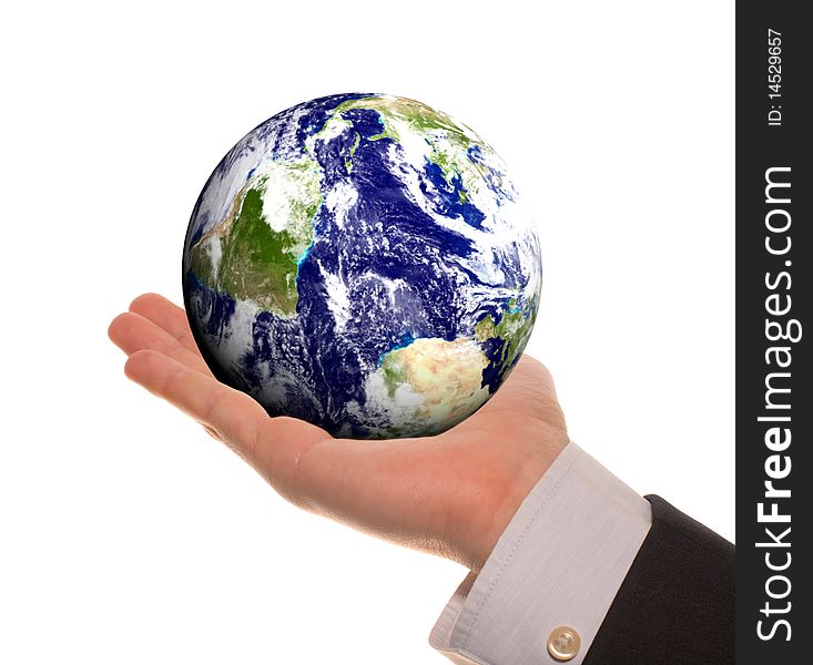 Earth in hands over white