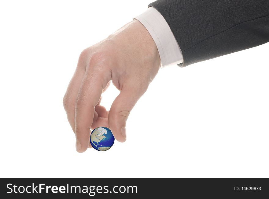 Earth in hands over white background